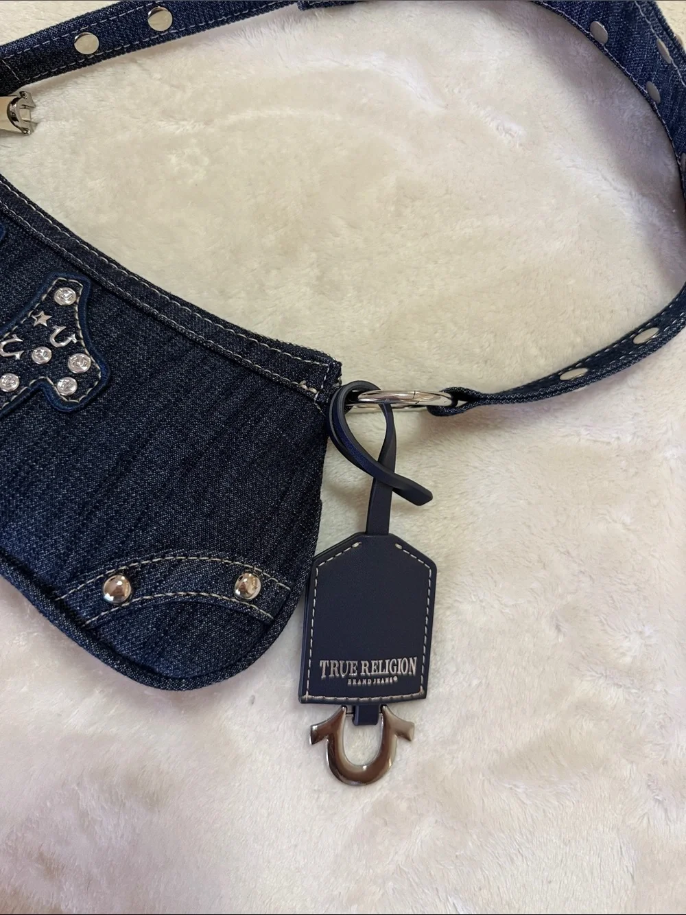 True Religion Dark Denim Studded Horseshoe Shoulder Bag Brand New